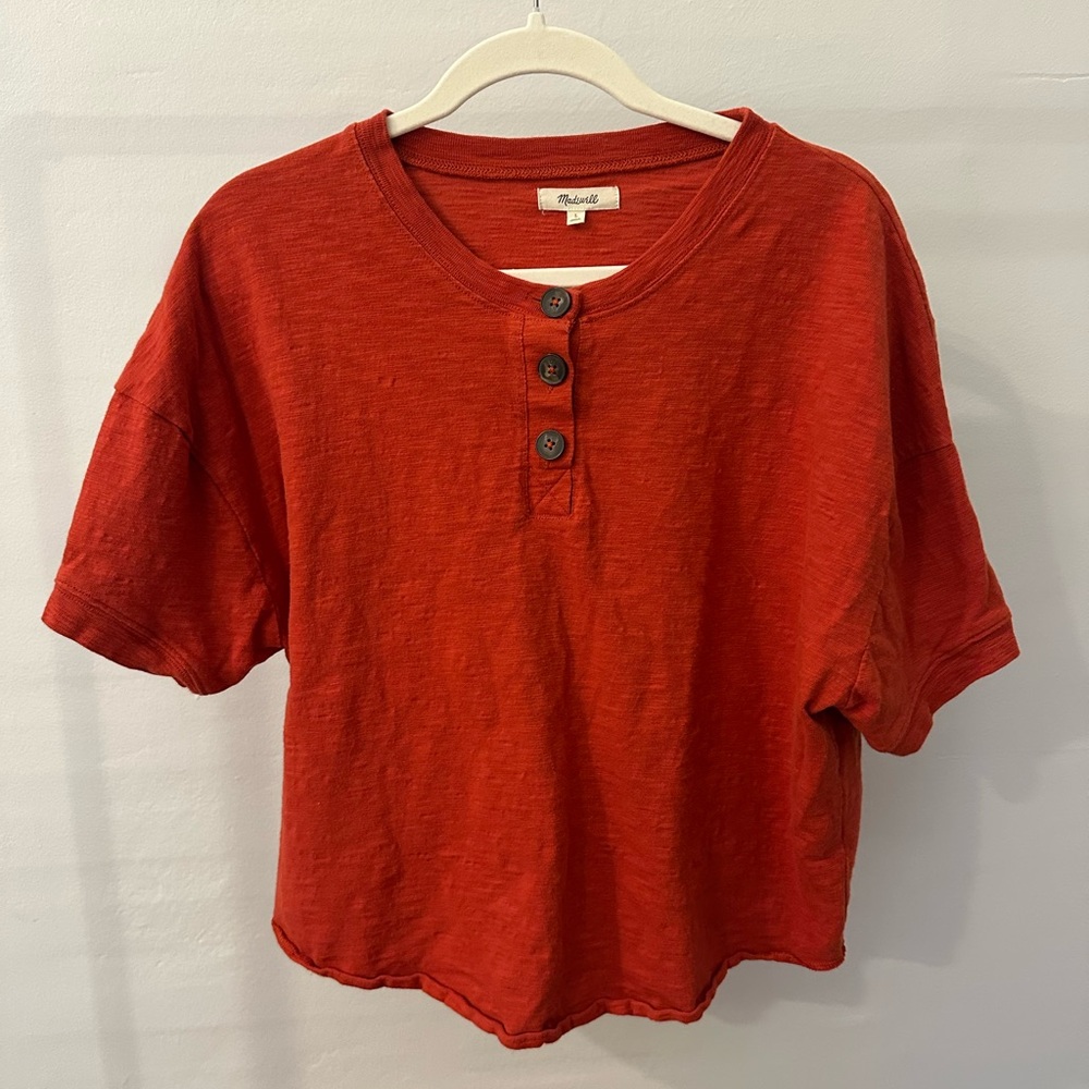 Madewell Henley Top Size L Rust Red Short Sleeve Slub